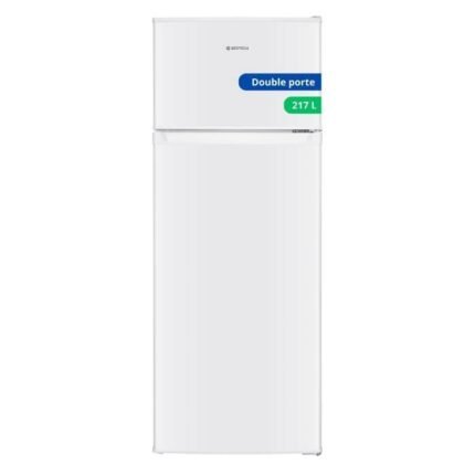 Frigorífico GEDTECH GE217DP de 217 L, blanco, con congelador superior, 2 puertas, refrigeración estática y descongelación automática.